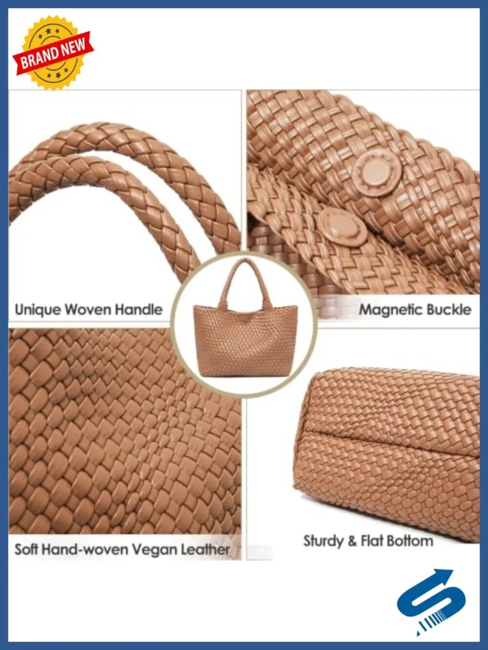 Woven Vegan Leather Tote Bag with Matching Purse, Shoulder Handbag Fits 13-14